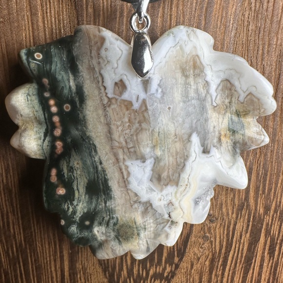 Ocean Jasper Leaf Pendant Necklace on Black Rope - Picture 4 of 10
